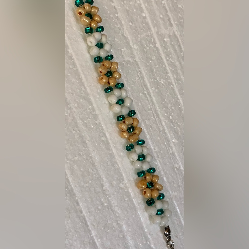 Handcrafted Beaded Bracelet with Gold, White and Green Bracelet
